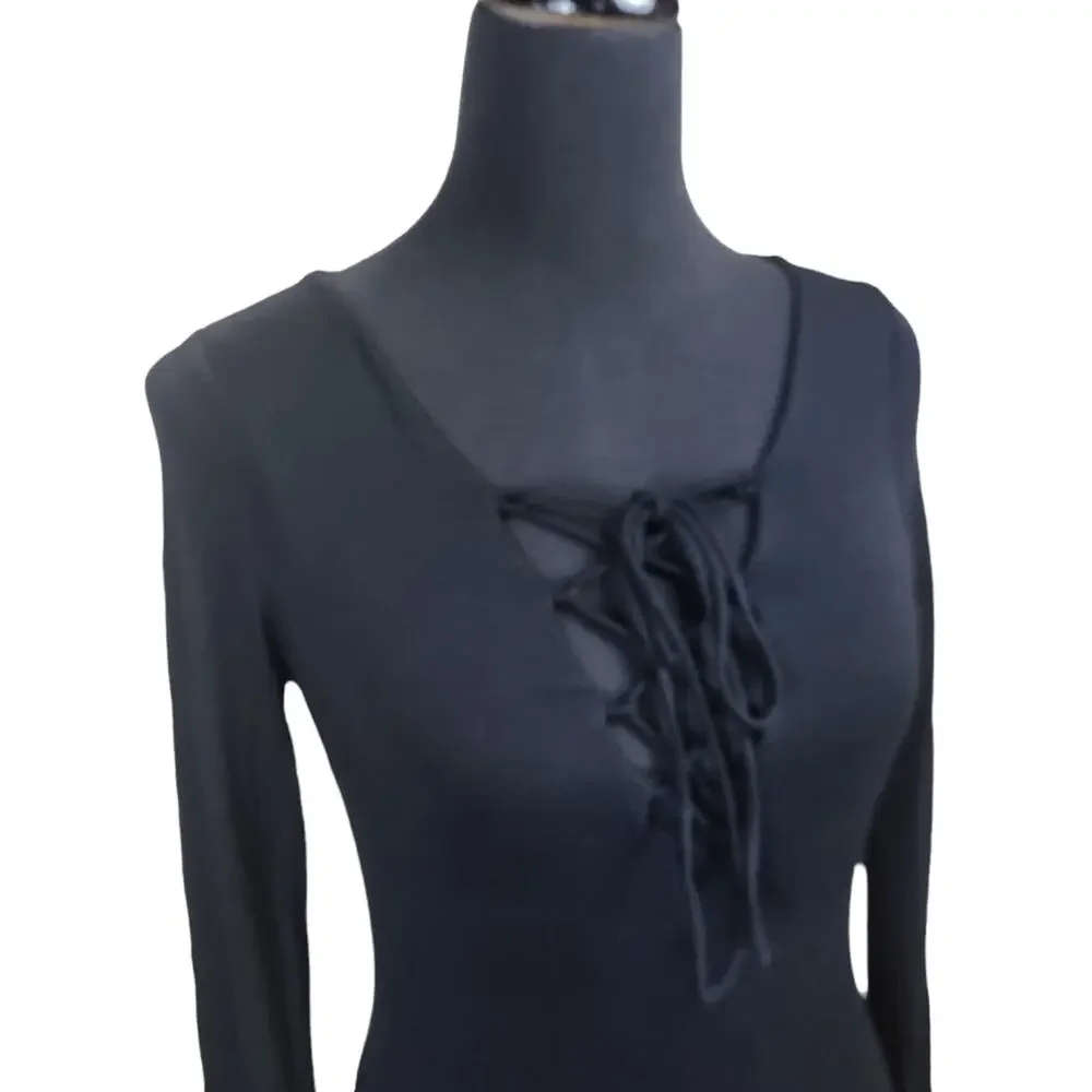 Lulu's Dress Size Large Lace Up Front Bodycon Long Sleeve Black Mini Dress - Picture 4 of 8